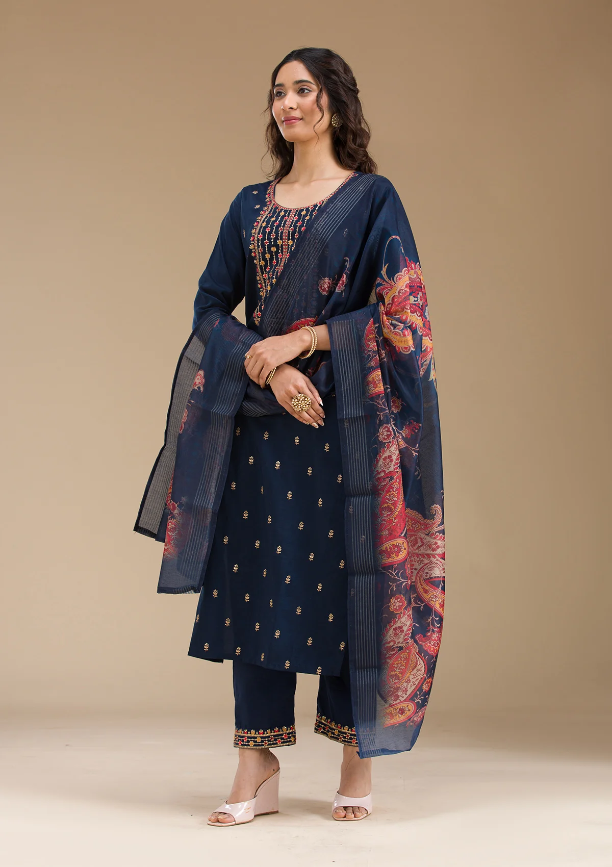 Navy Blue Organza Threadwork Straight Kurta With Pant Regular And Dupatta